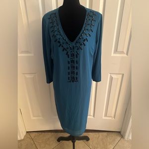 NWT XL Badgley Mischka deep teal fully lined v-neck dress with black beading